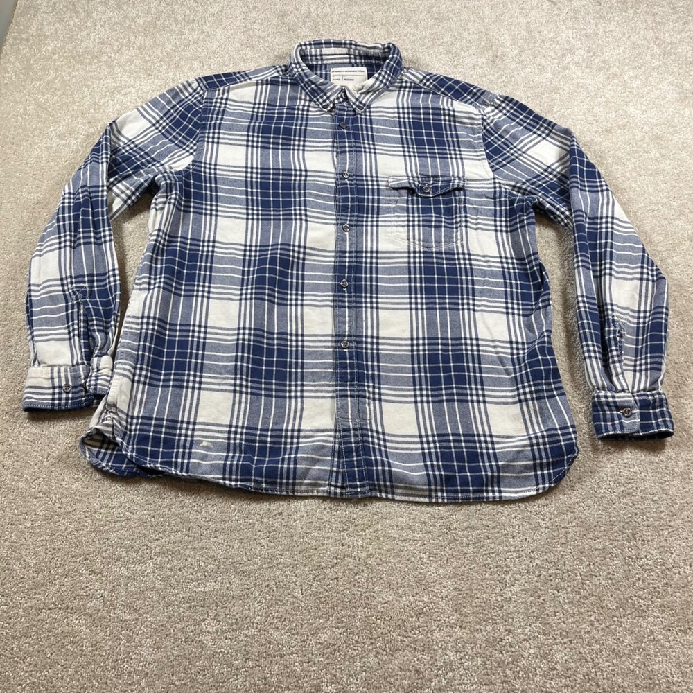 French Connection Button Down Mens XXL Blue White Plaid Flannel Shirt